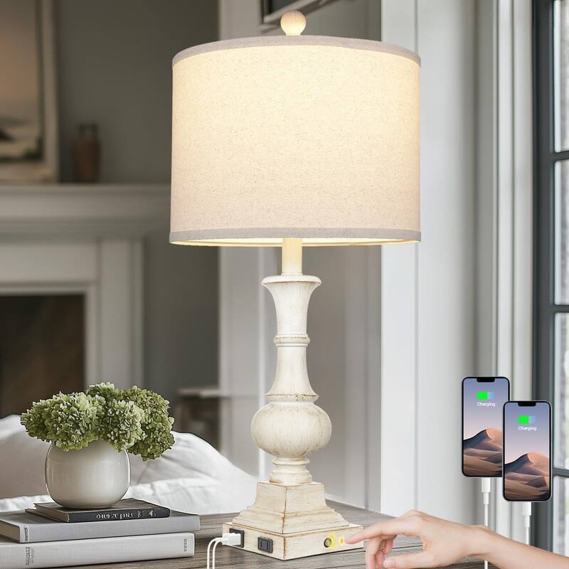 28" Farmhouse Table Lamp with USB A and C Fast Ports AC Outlets - 13"D x 13"W x 28"H - White