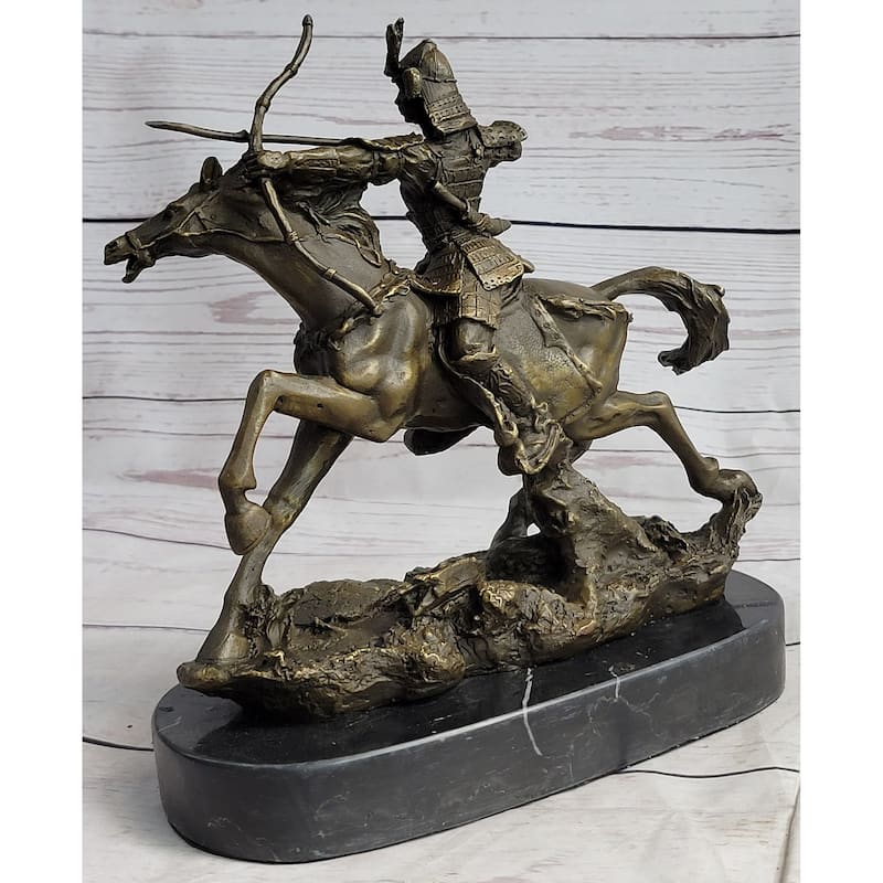 Samurai Warrior On Imitative Horse Bronze Statue Sculpture Hot Cast Marble Base Figurine