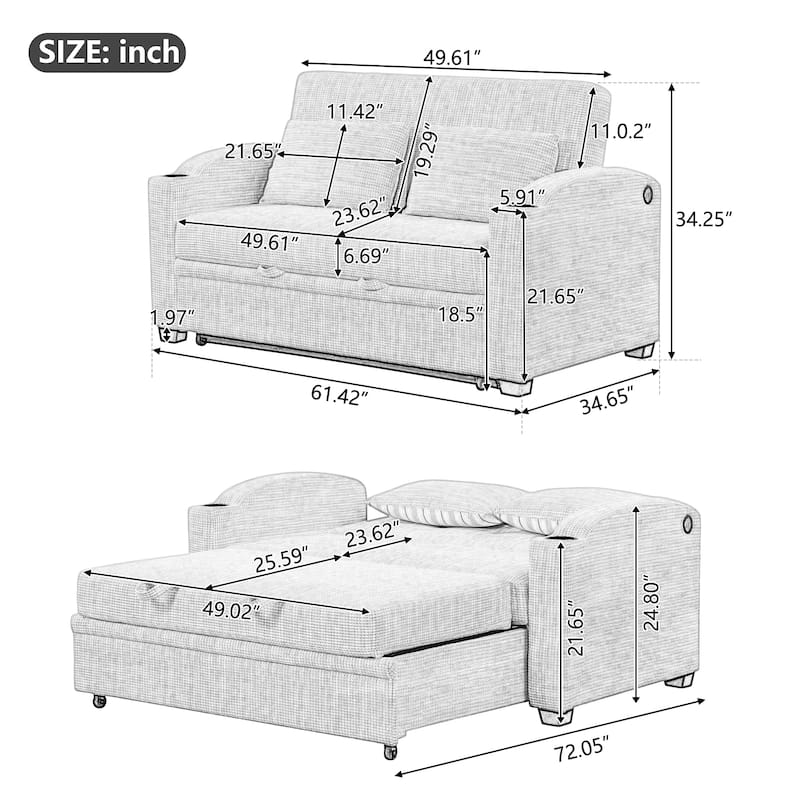 61.6" Pull Out Sofa Bed with Adjustable Backrest, 2 Pillows, Cup Holders & USB Ports, White Gray, Chenille