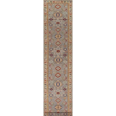 Geometric Kazak Runner Rug Hand-Knotted Grey Wool Carpet - 2'7" x 16'3"
