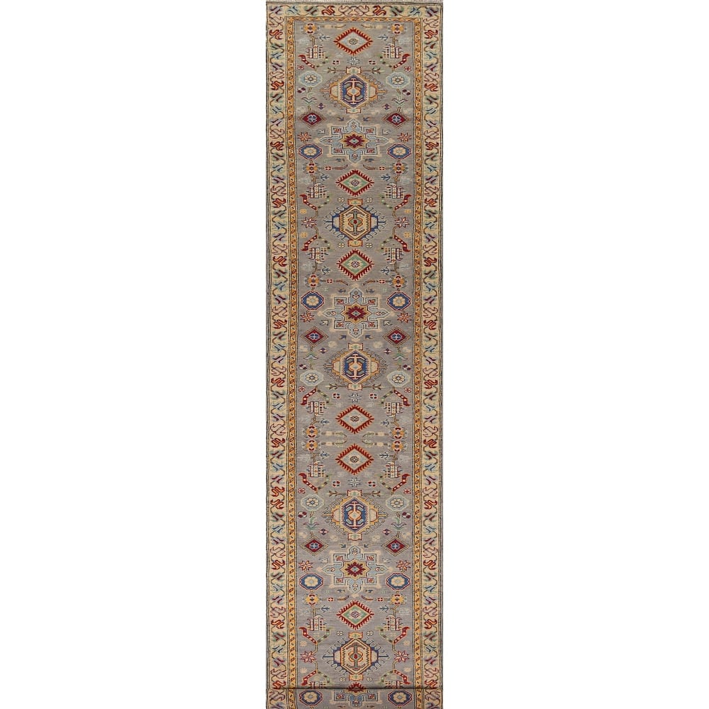 Geometric Kazak Runner Rug Hand-Knotted Grey Wool Carpet - 2'7" x 16'3"