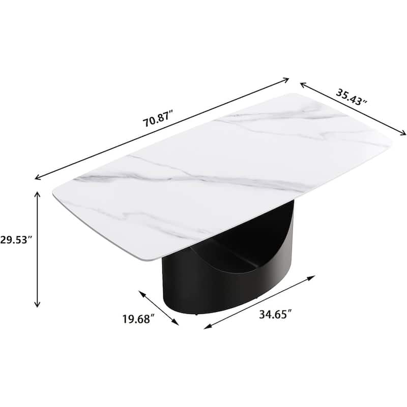 71" Black Marble Sintered Stone Table Top,Rectangle Dining Room Table with Unique U-Shape Black Carbon Steel Pedestal