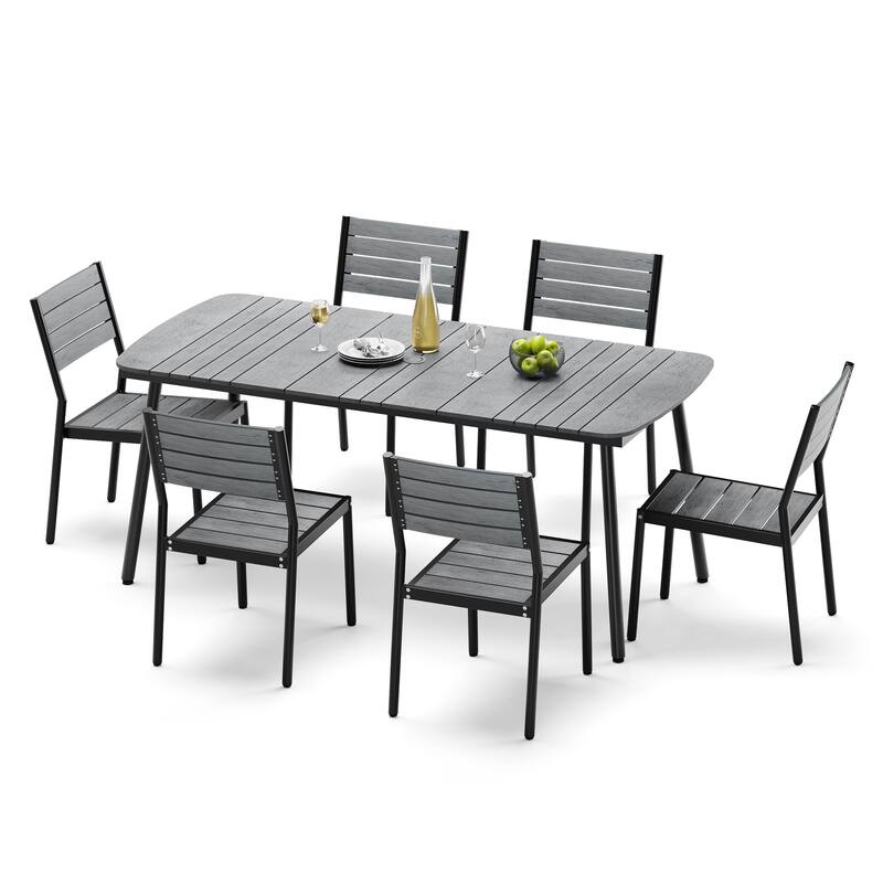 7-Piece Patio Outdoor Dining Set Aluminum Rectangle Table with Umbrella Hole and Stacking Chairs - Grey