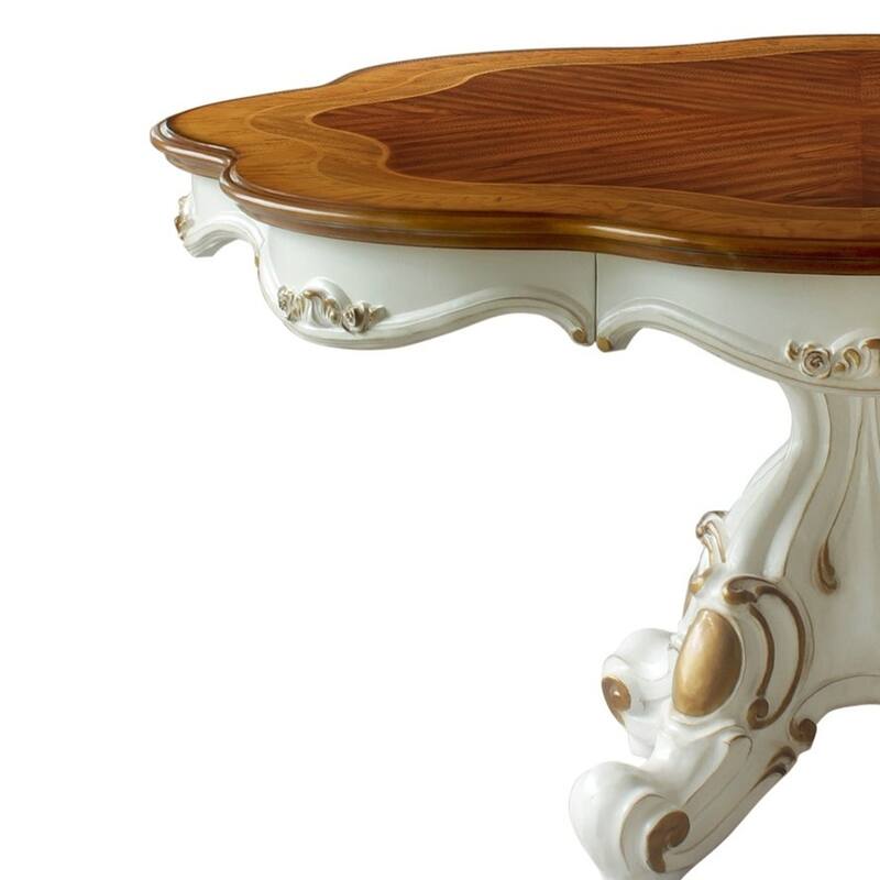 Wooden Top Dining Table With Pedestal Feet, Antique Pearl & Cherry Oak