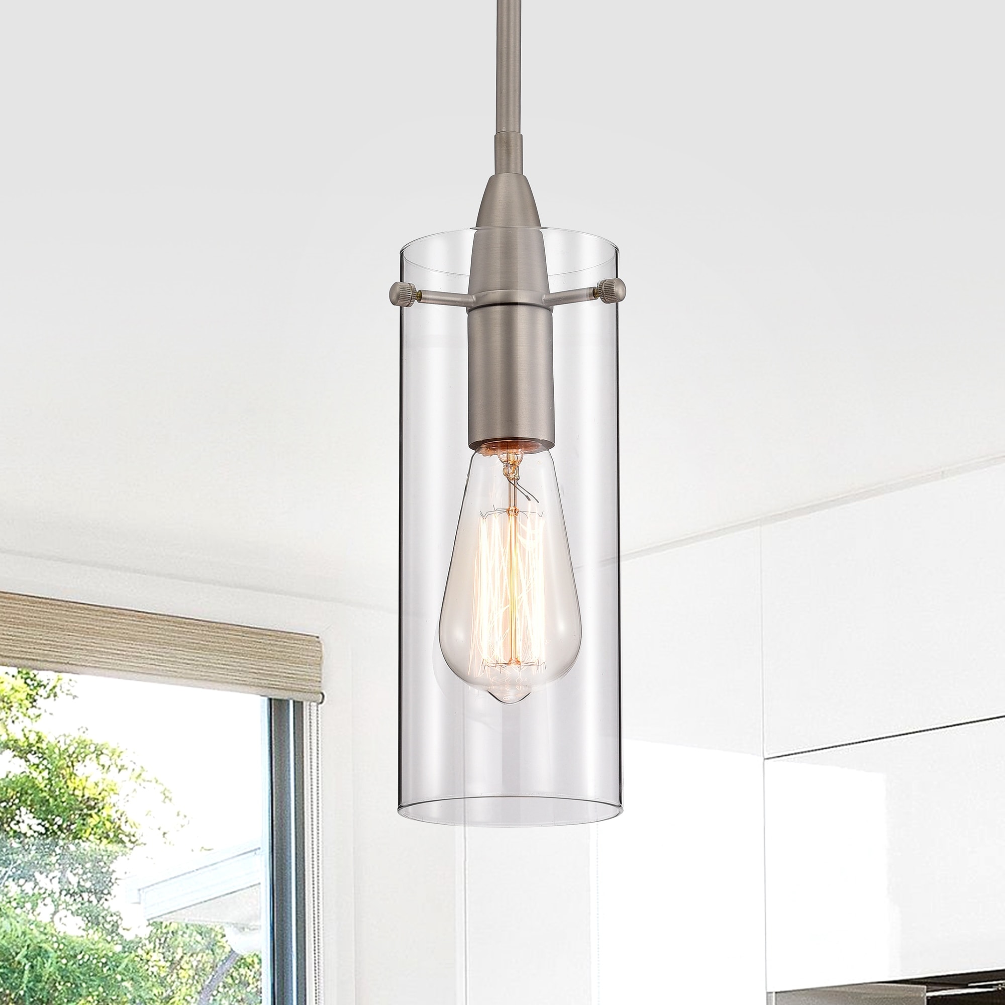 Warehouse of Tiffany Pendant Light Matte Satin Nickel 1-Light Metal & Cylinder Glass Shade
