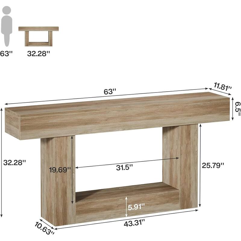 Farmhouse 63-Inch Long Console Table, 2-Tier Entryway Table Sofa Table with Storage