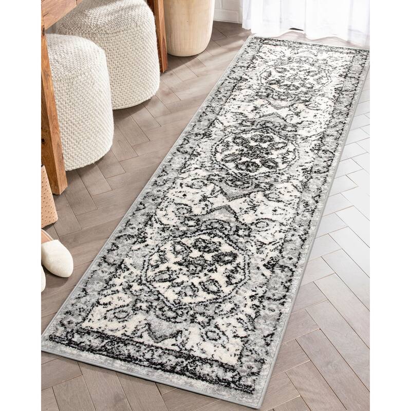 Well Woven Mystic Arctic Bloom Medallion Oriental Easy Clean Area Rug - 2' x 7'3" Runner - Ivory Grey