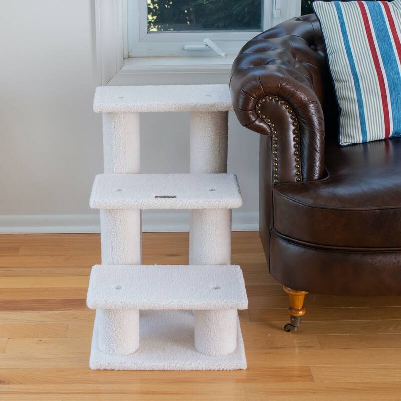 3 Step Real Wood Cat Step Stairs Ramp, Dogs Climber And Kitten Steps - Ivory
