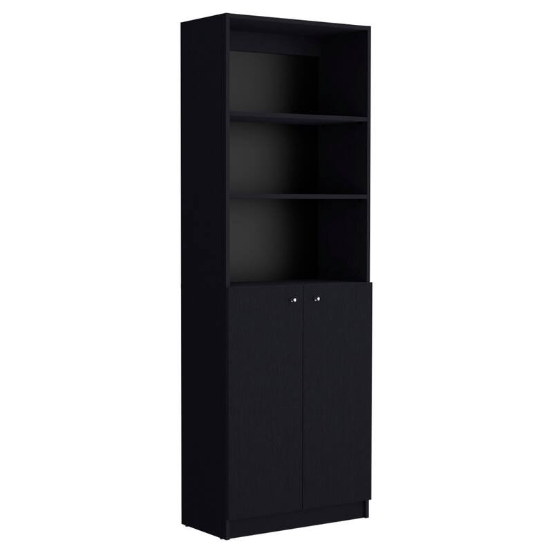 HomeRoots 71" Black Five Tier Bookcase with Two doors