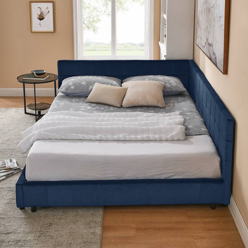 L-shaped Velvet Upholstered Daybed Tufted Sofa Bed with Soft Backrest Armrests - and Optional Corner Storage Day Bed