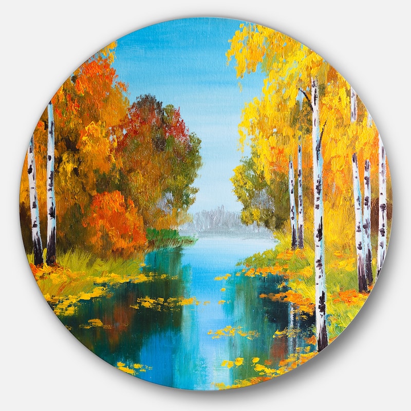 Designart 'Birch Forest near the River' Landscape Glossy Large Disk Metal Wall Art - 11 x 11 - disc of 11 inch