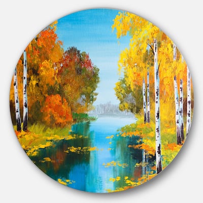 Designart 'Birch Forest near the River' Landscape Glossy Large Disk Metal Wall Art