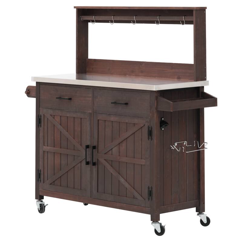 54.1" Outdoor Kitchen Island with High Shelf, Large Outdoor Potting Table with Top and Storage Cabinet, With Lockable Wheels