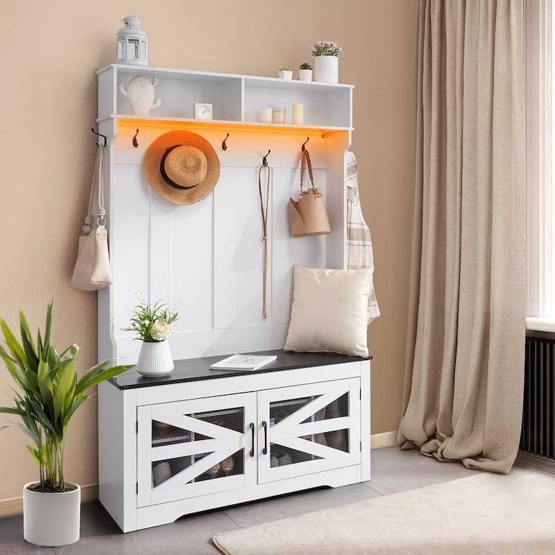 Hall Tree Bench with Shoe Storage and Hooks for Entryway or Mudroom - / 42.24” x 16.44” x 67.2”