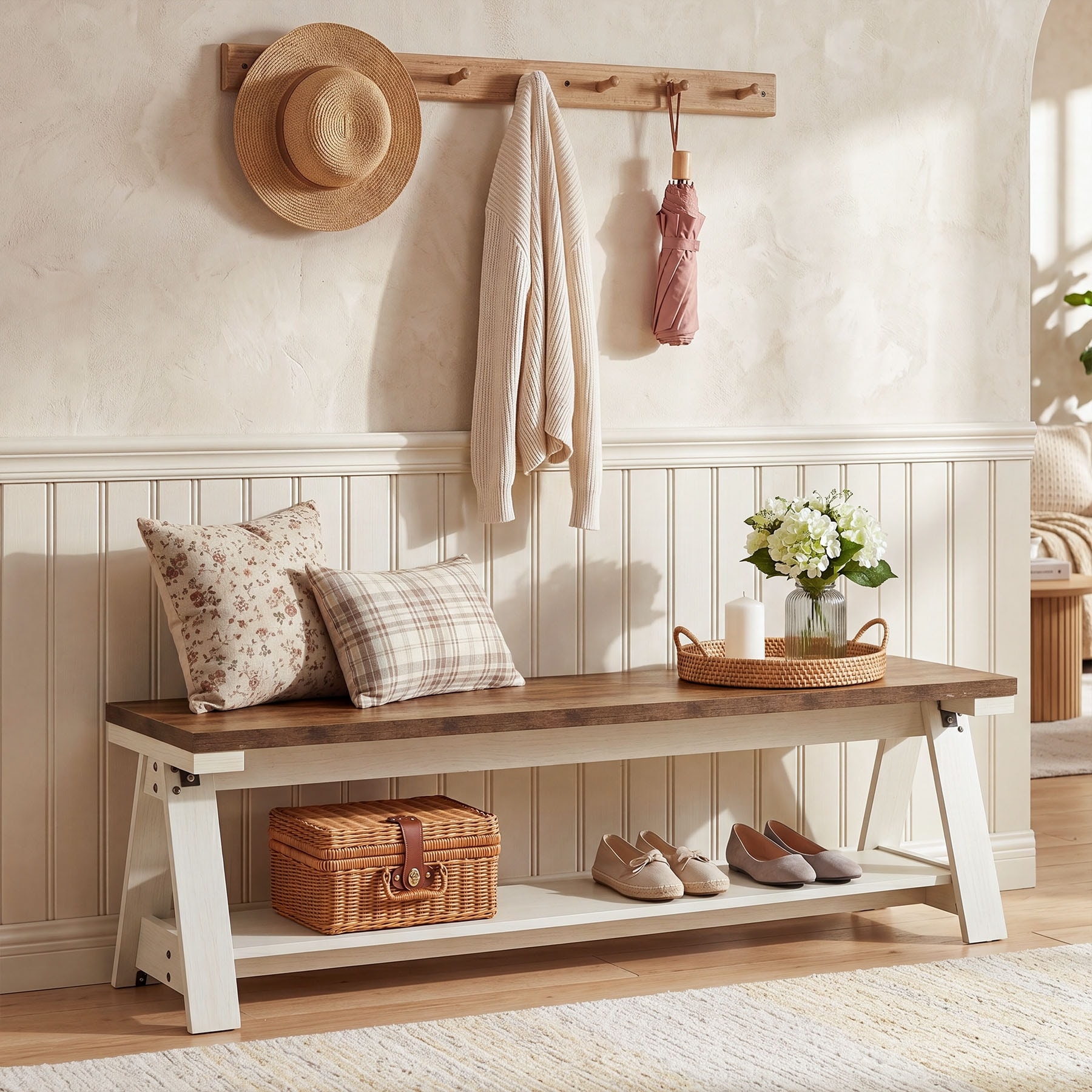 59'' Entryway Bench with Open Shelves, 2-Tier End of Bed Bench, Dining Bench for Kitchen, Living Room, Hallway, Bedroom