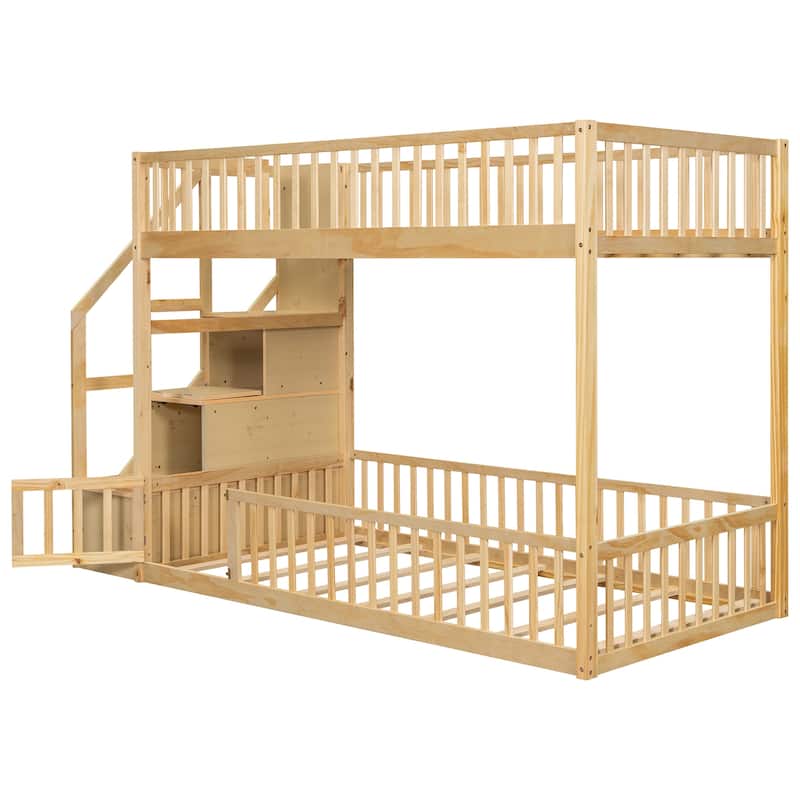 Twin Over Twin Floor Bunk Bed Frame with Storage Stairs and Door