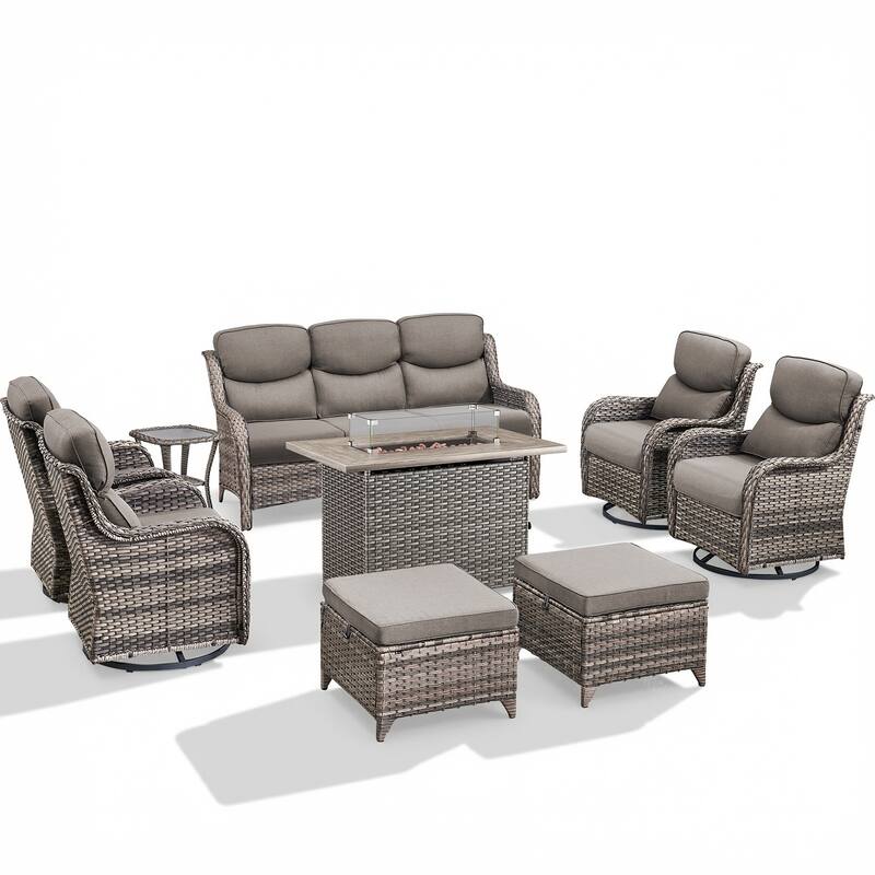 Pocassy Outdoor Fire Pit Sofa Swivel Chairs Ottoman Furniture Set