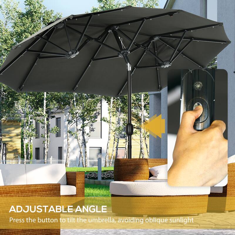 Outsunny Double-sided Patio Umbrella with Solar Lights and Sandbag Base, Outdoor Table Umbrella with Push Button Tilt, Crank