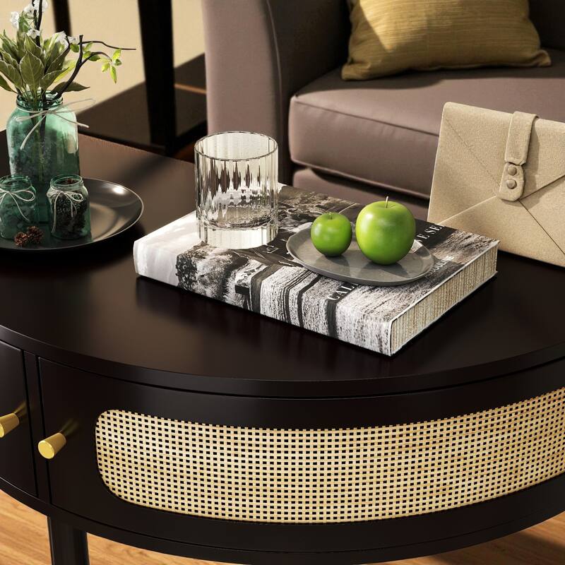 31.5" Half Moon Console Table with Sliding Rattan Doors, 2 Storage Cabinets and Bottom Shelf for Entryway or Living Room