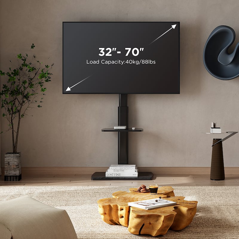 FITUEYES Sturdy Wood Bas Floor Stand TV Mount for 32-70 inch TVs with One Shelf