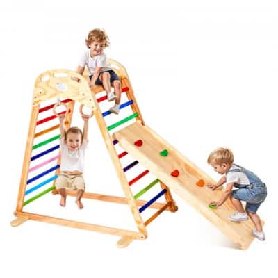 Colorful 4 in 1 Indoor Playground Jungle Gym for Kids with Slide Climbing Rock Wooden Ladder Gym Rings and 220 lbs Capacity