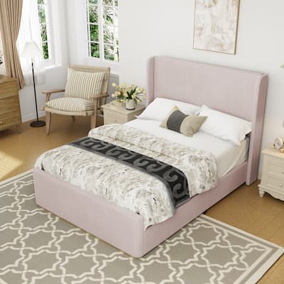 Corduroy Upholstered Platform Bed with Metal Frame Wood Slat Bed, Vertical Stripe Wingback Bed High Footboard Sleigh Panel Bed