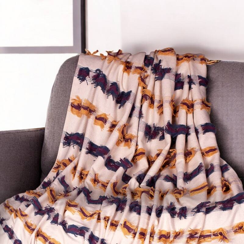 HomeRoots 50" X 60" Ivory Blue and Yellow Woven Cotton Striped Throw Blanket with Tassels and Fringe - Throw - Ivory Blue and Yellow