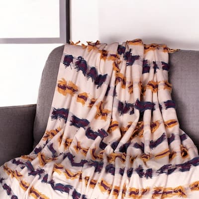 HomeRoots 50" X 60" Ivory Blue and Yellow Woven Cotton Striped Throw Blanket with Tassels and Fringe