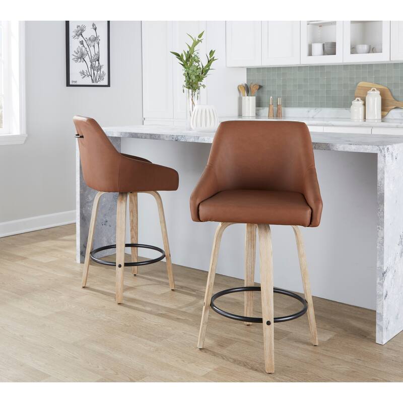 The Gray Barn Hadley 26" Fixed-Height Upholstered Counter Stool with Bent Wood Legs & Round Footrest (Set of 2)