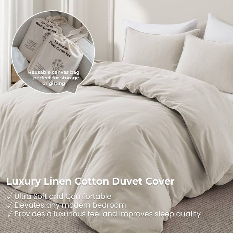 Flax Linen Cotton Blend Duvet Cover Set, Durable, Breathable and Moisture-Wicking, 3 Piece Bedding Set