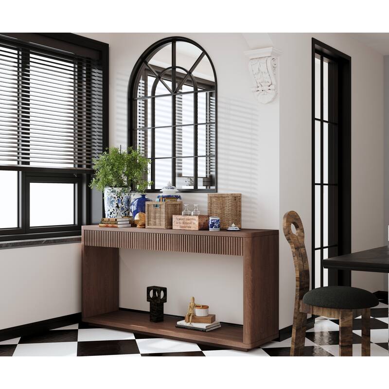 60" Modern 2-Drawer Fluted Console Table Natural Wood Veneer Sofa Table Behind Couch Table for Living Room