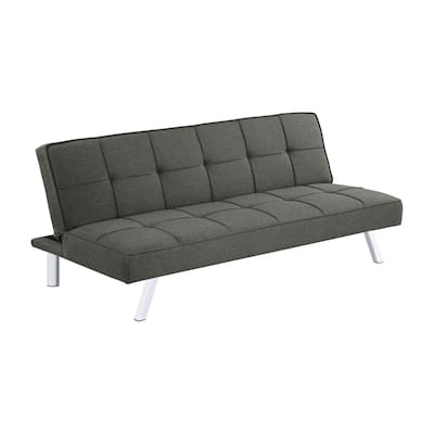Tanz 69 Inch Tufted Futon Sofa Bed, Smooth Dark Gray Fabric, Chrome Legs