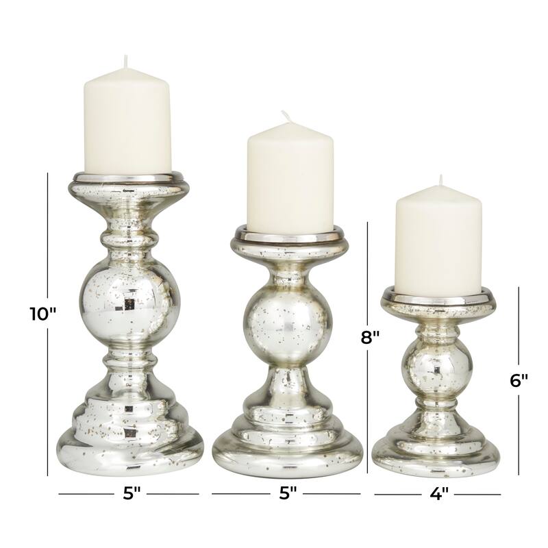 Glass Turned Style Pillar Candle Holder - Set of 3 Silver - Roche River Decor - 5"W x 5"L x 10"H