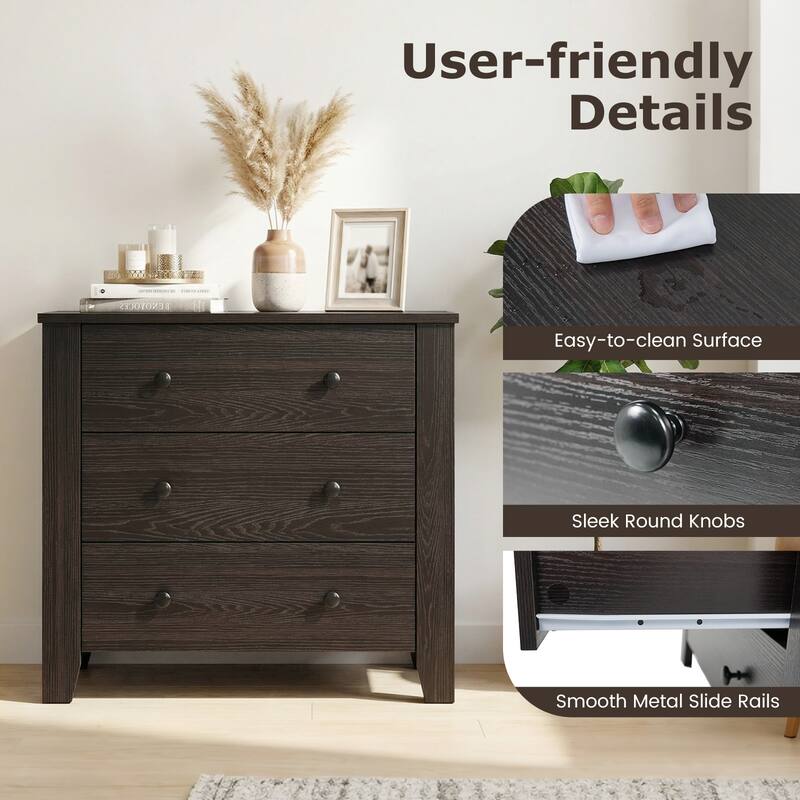 Gymax 3 Drawer Dresser Chest of Drawers Bedside Table for Living Room