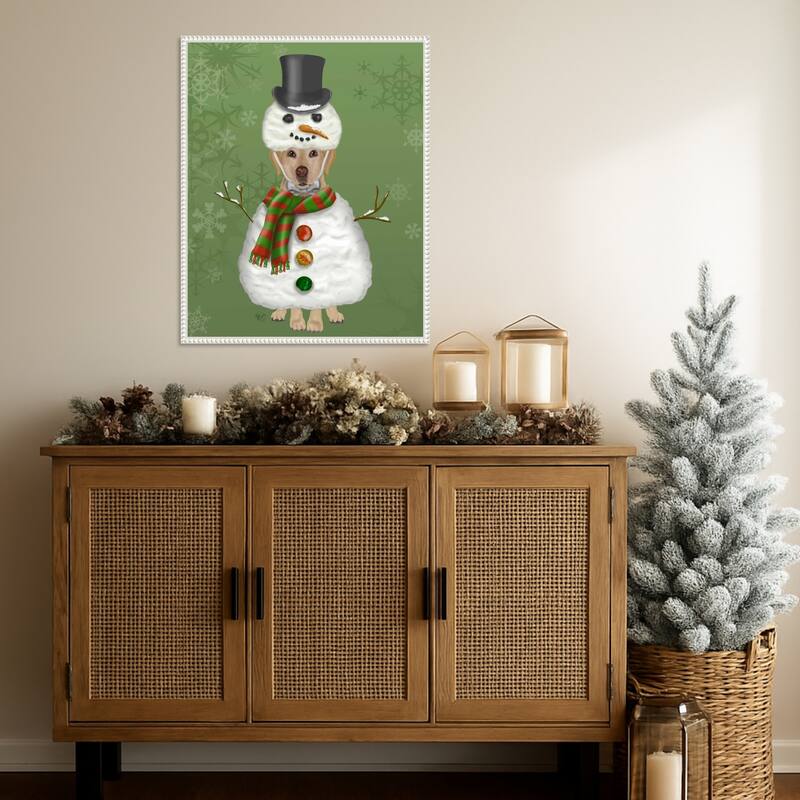 Yellow Labrador Snowman Costume by Fab Funky (23 x 28 in.), Framed Canvas Wall Art Print - Sylvie Beaded White