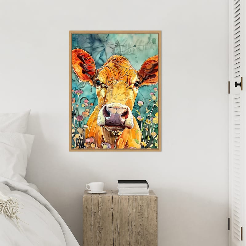 Cow in Flowers by Justyna Jaszke Framed Canvas Wall Art