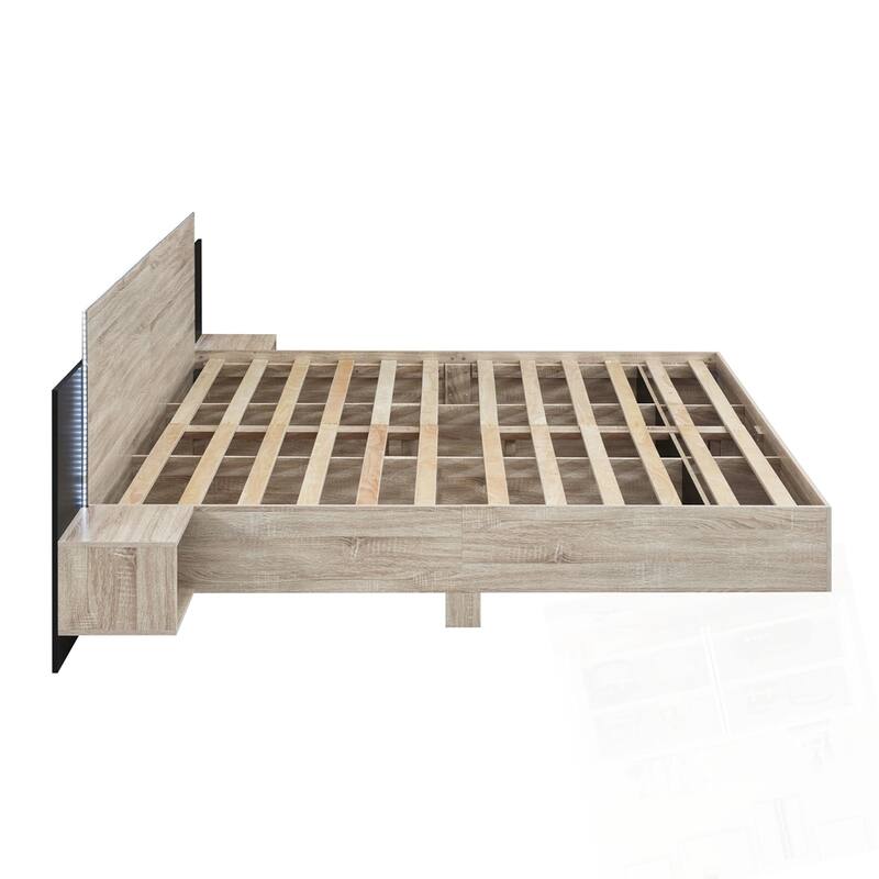 Wooden Floating Platform Bed, with LED Lights and Bedside Nightstand