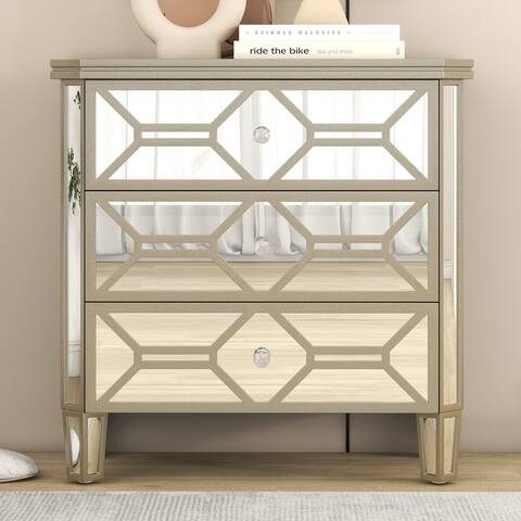 Diamond-like Elegant Mirrored with 3-Drawer Nightstand End Table with Golden Lines for Living Room,Bedroom and Other Scenes