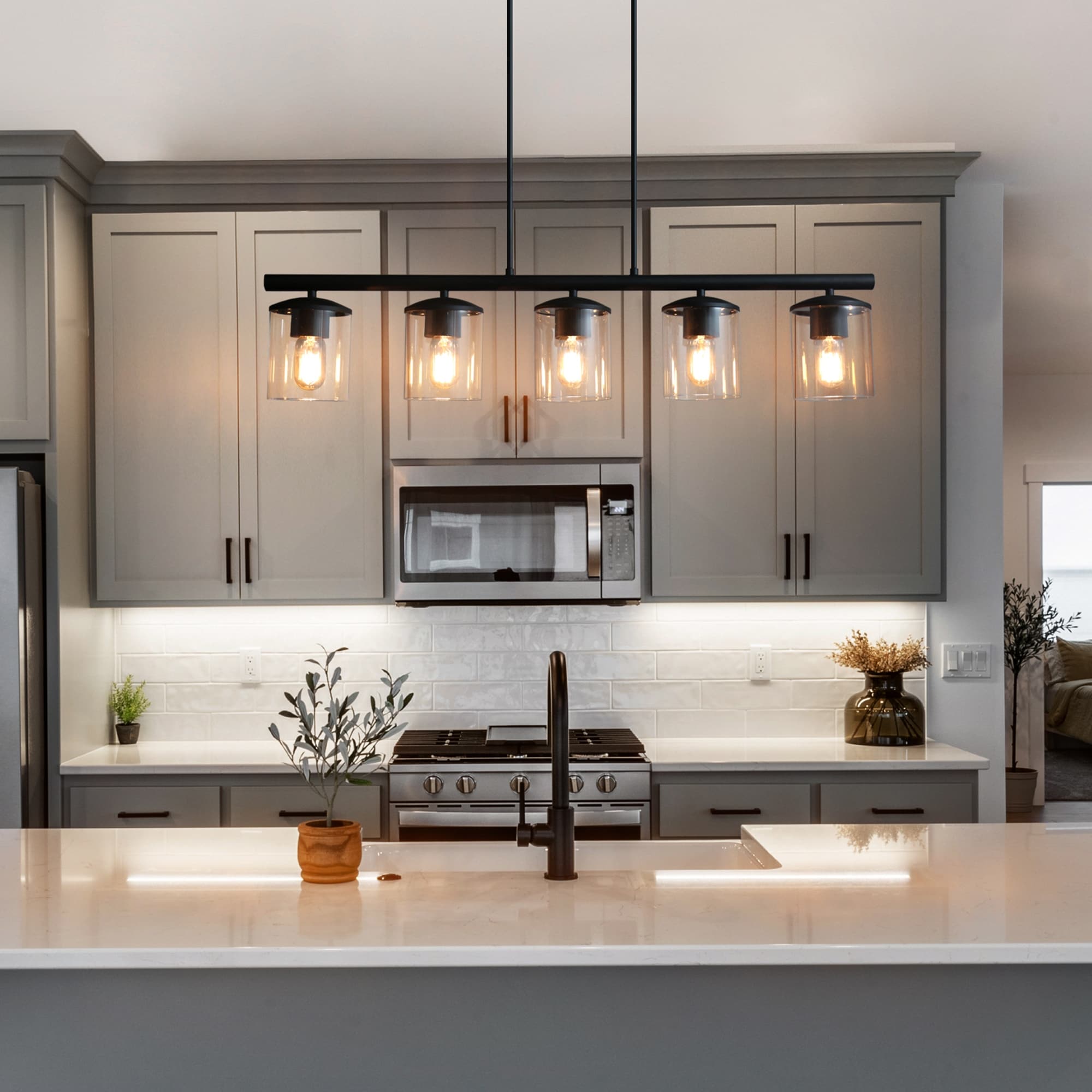 Farmhouse 5-Light Black Chandelier Glass Kitchen Island Light - L36.8xW4.7"xH33"