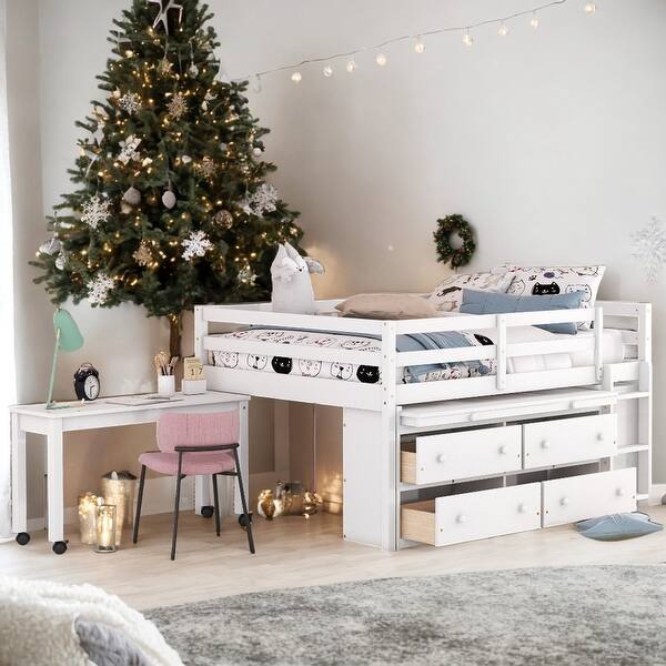 slide 2 of 37, Functional Full Size Wooden Loft Bed with Retractable Writing Desk and 4 Drawers, Solid Construction, Versatility galore, White White