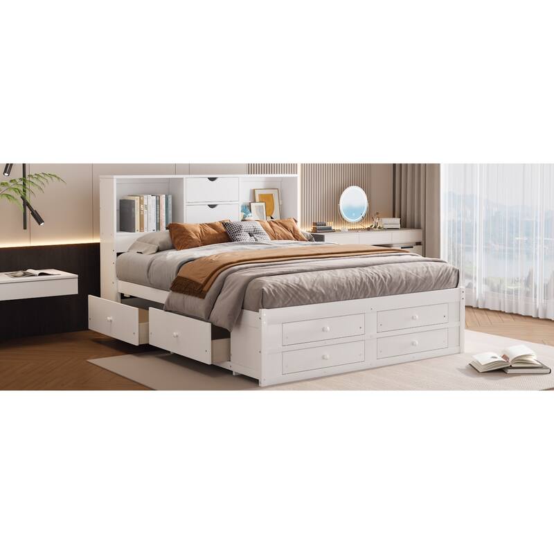 Roomfitters Queen/King Platform Bed with Storage Headboard and 8 Drawers, Solid Wood