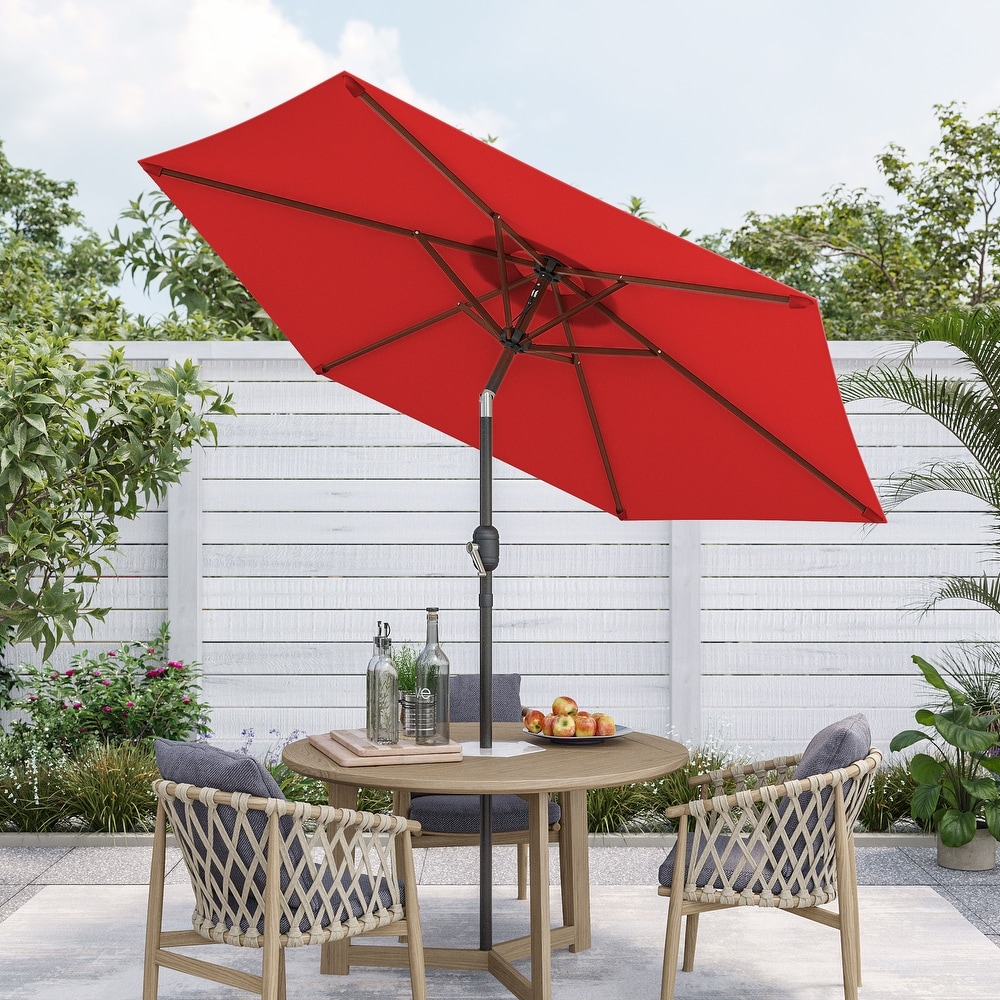 dark red patio umbrella 9ft Market with Base & Remote Control, combined with easy tilt and 360 rotation Garvee 9Ft UV Resistant Patio