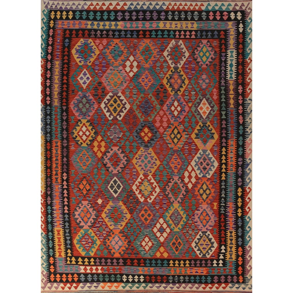 Kilim Oriental Area Rug Flatweave Orange Wool Carpet - 8'4"x 11'8"