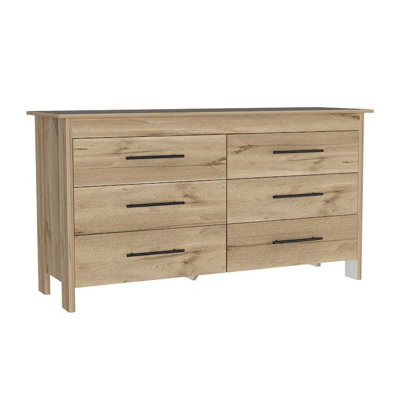 6 Drawer Double Dresser for Bedroom, Light Oak / White