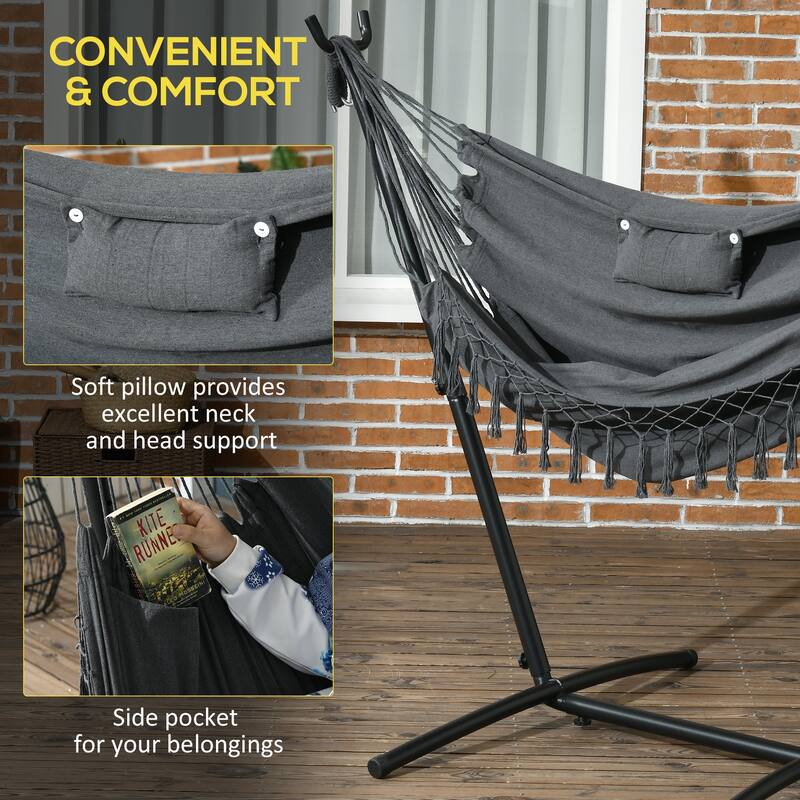 Steel Frame Hammock Chair with Stand and Includes Headrest and Side Pocket, 330lb Capacity