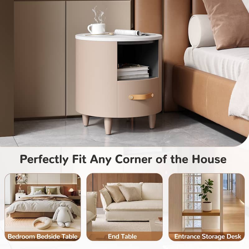 Round Nightstand with Drawer & Open Shelf, Nightstand with Leather Handle & Tapered Legs, Large Capacity Sofa Side Table