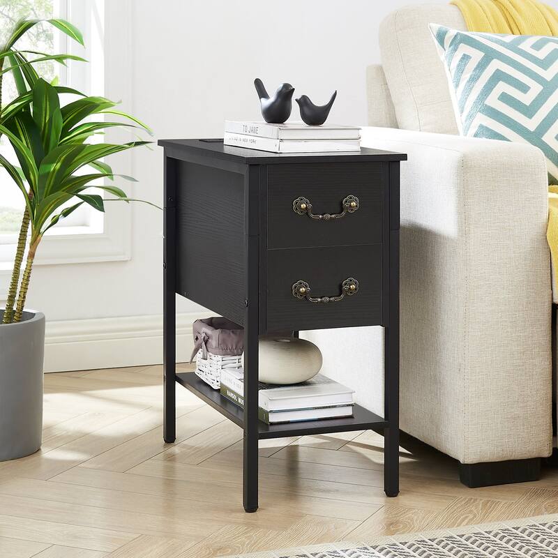 Taomika Industrial 2-Drawer Nightstand with Charging Station 2 USB/2 AC Ports & Open Shelf for Bedroom and Living Room - Black