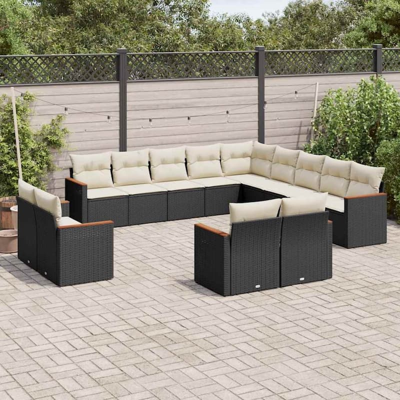 vidaXL Patio Sofa Set with Cushions Outdoor Conversation Furniture Poly Rattan - Black and cream without table - 24.4 x 24.4 x 27.2 in