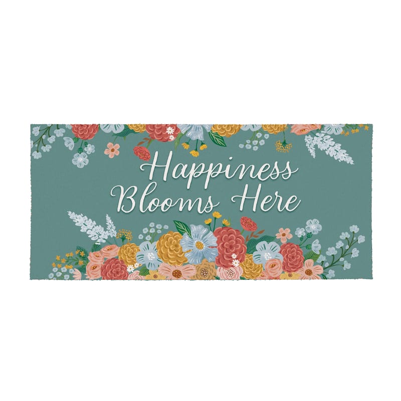 Happiness Blooms Here Flocked Coir Sassafras Switch Mat 22"x10" - 22" x 10"