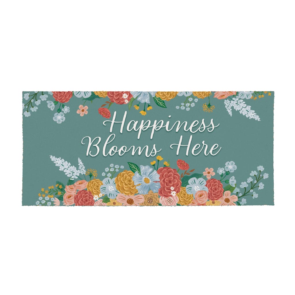 Happiness Blooms Here Flocked Coir Sassafras Switch Mat 22"x10" - 22" x 10"